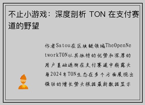 不止小游戏：深度剖析 TON 在支付赛道的野望