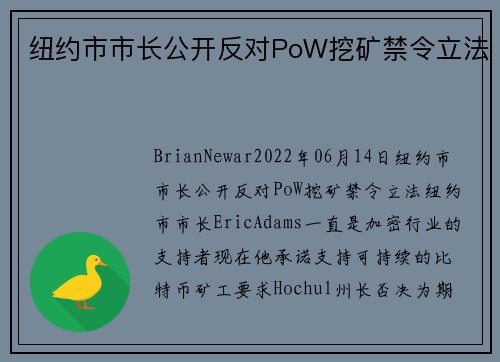 纽约市市长公开反对PoW挖矿禁令立法 